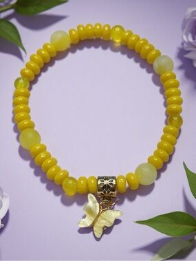 Hand Crafted Yellow Beaded Bracelet with Gold Butterfly Charm